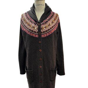 Alexanda Bartlett Y2K Fair Isle Lambswool Long Hooded Coat – Size XL – Folk Boho